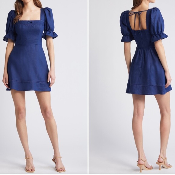 REFORMATION Evianna Puff Sleeve Linen Dress Dark Navy Lace Trim Bow Rosebud Sz 8 - Picture 3 of 9